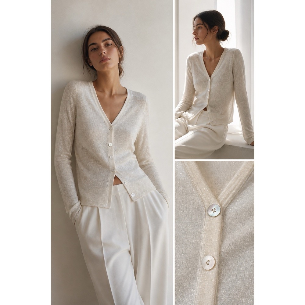 Michael Stars Ivory Shimmer Cardigan Mother of Pearl Buttons OS NWOT